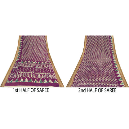 Sanskriti Vintage Sarees Purple Pure Cotton Batik Printed Sari 5+yd Craft Fabric