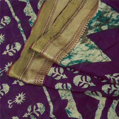 Sanskriti Vintage Sarees Purple Pure Cotton Batik Printed Sari 5+yd Craft Fabric