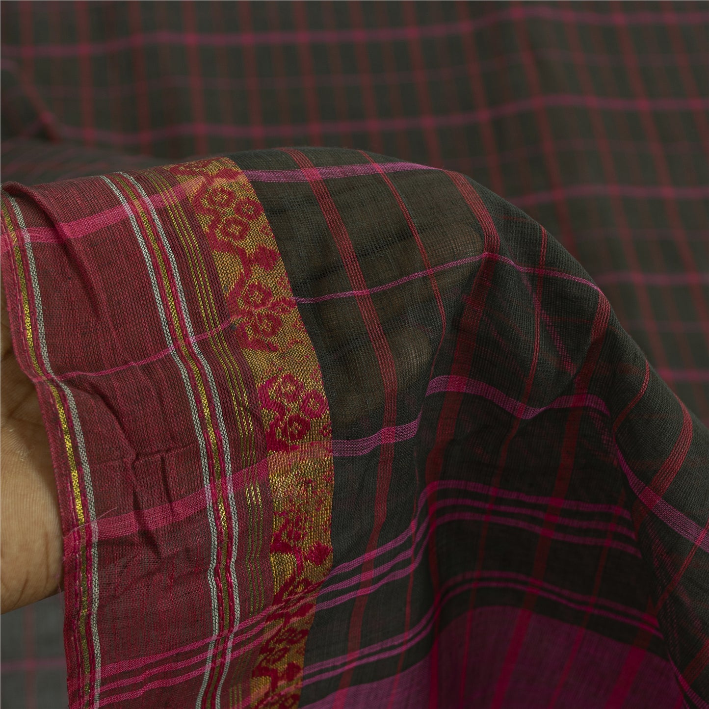 Sanskriti Vintage Sarees Black Pure Cotton Check Woven Sari 5+yd Craft Fabric