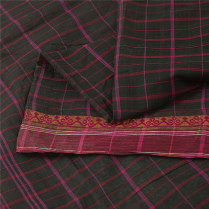 Sanskriti Vintage Sarees Black Pure Cotton Check Woven Sari 5+yd Craft Fabric