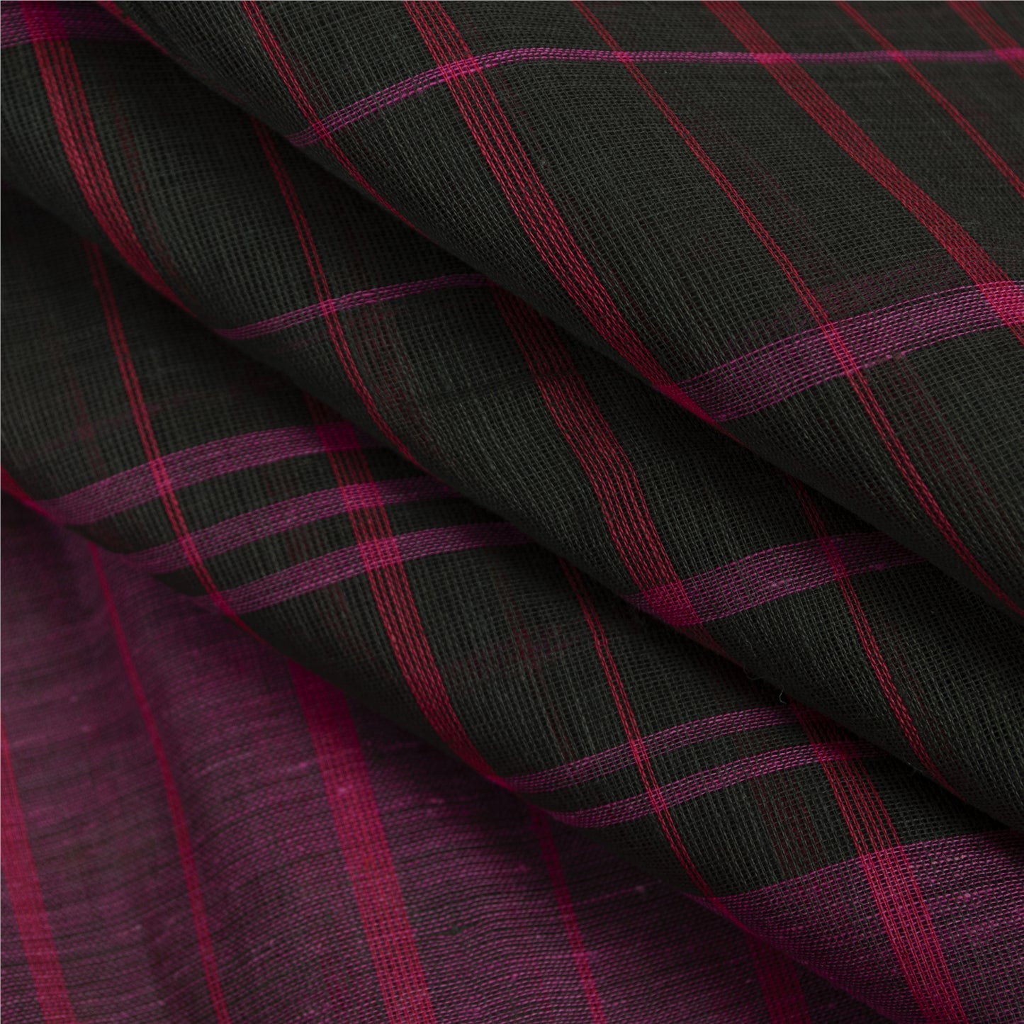 Sanskriti Vintage Sarees Black Pure Cotton Check Woven Sari 5+yd Craft Fabric