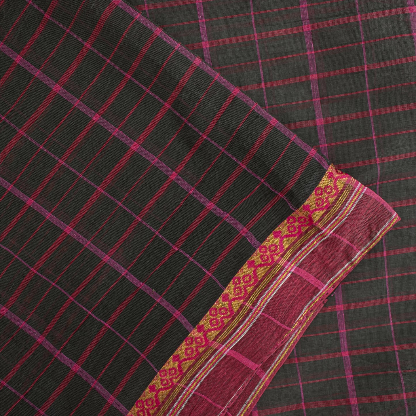 Sanskriti Vintage Sarees Black Pure Cotton Check Woven Sari 5+yd Craft Fabric