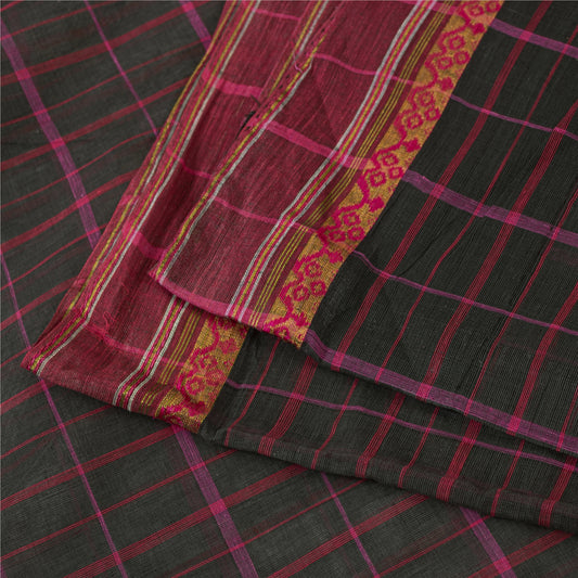 Sanskriti Vintage Sarees Black Pure Cotton Check Woven Sari 5+yd Craft Fabric