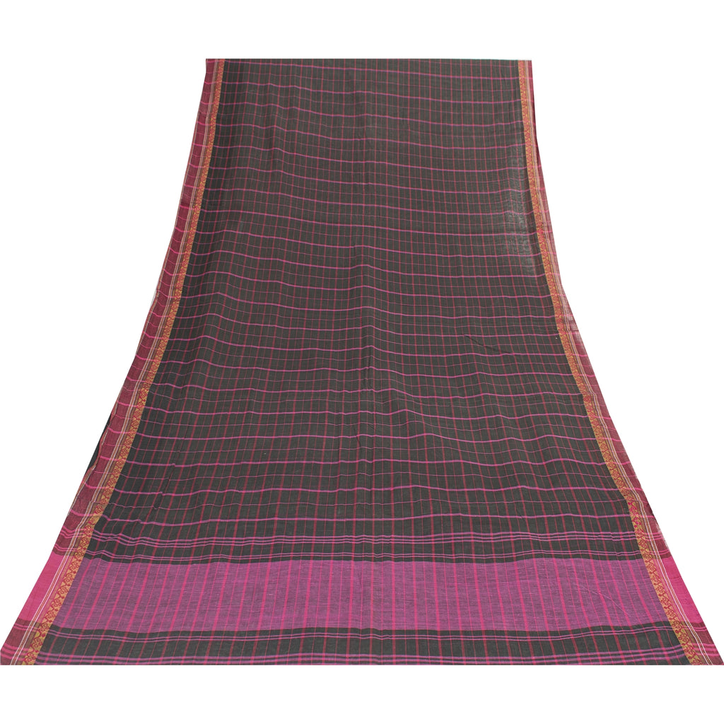 Sanskriti Vintage Sarees Black Pure Cotton Check Woven Sari 5+yd Craft Fabric