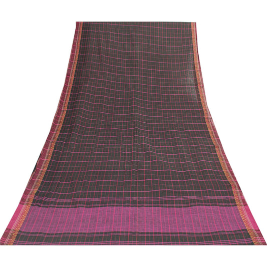 Sanskriti Vintage Sarees Black Pure Cotton Check Woven Sari 5+yd Craft Fabric