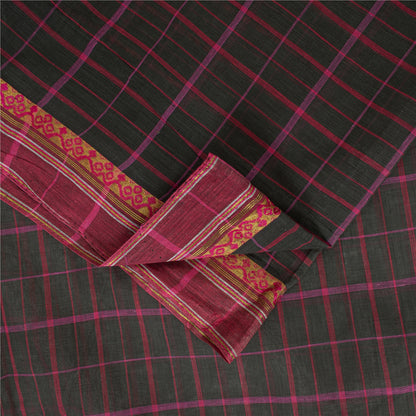 Sanskriti Vintage Sarees Black Pure Cotton Check Woven Sari 5+yd Craft Fabric