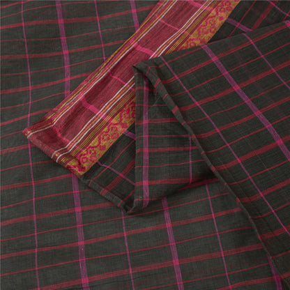 Sanskriti Vintage Sarees Black Pure Cotton Check Woven Sari 5+yd Craft Fabric