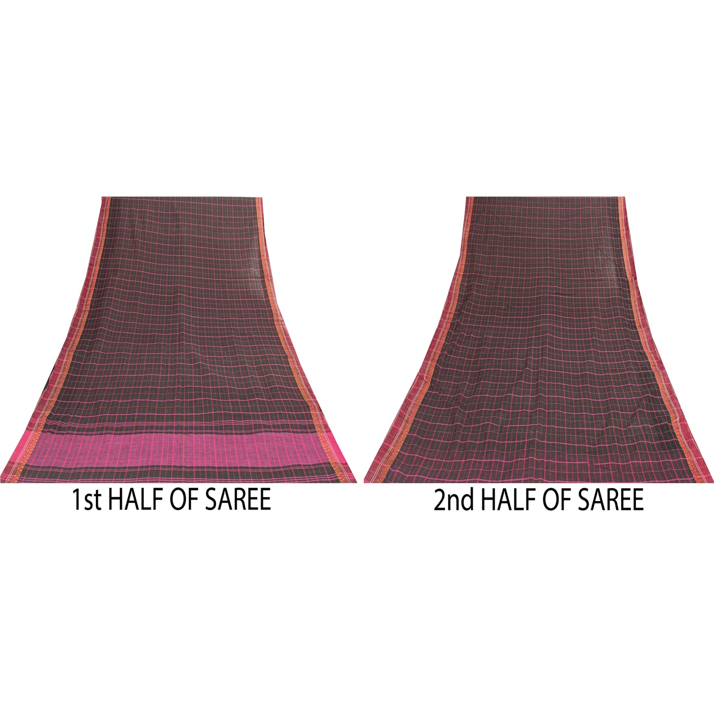 Sanskriti Vintage Sarees Black Pure Cotton Check Woven Sari 5+yd Craft Fabric