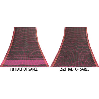 Sanskriti Vintage Sarees Black Pure Cotton Check Woven Sari 5+yd Craft Fabric