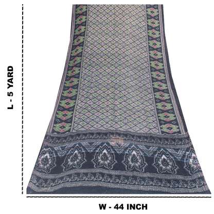 Sanskriti Vintage Sarees Gray & Black Pure Cotton Printed Sari 5+yd Craft Fabric