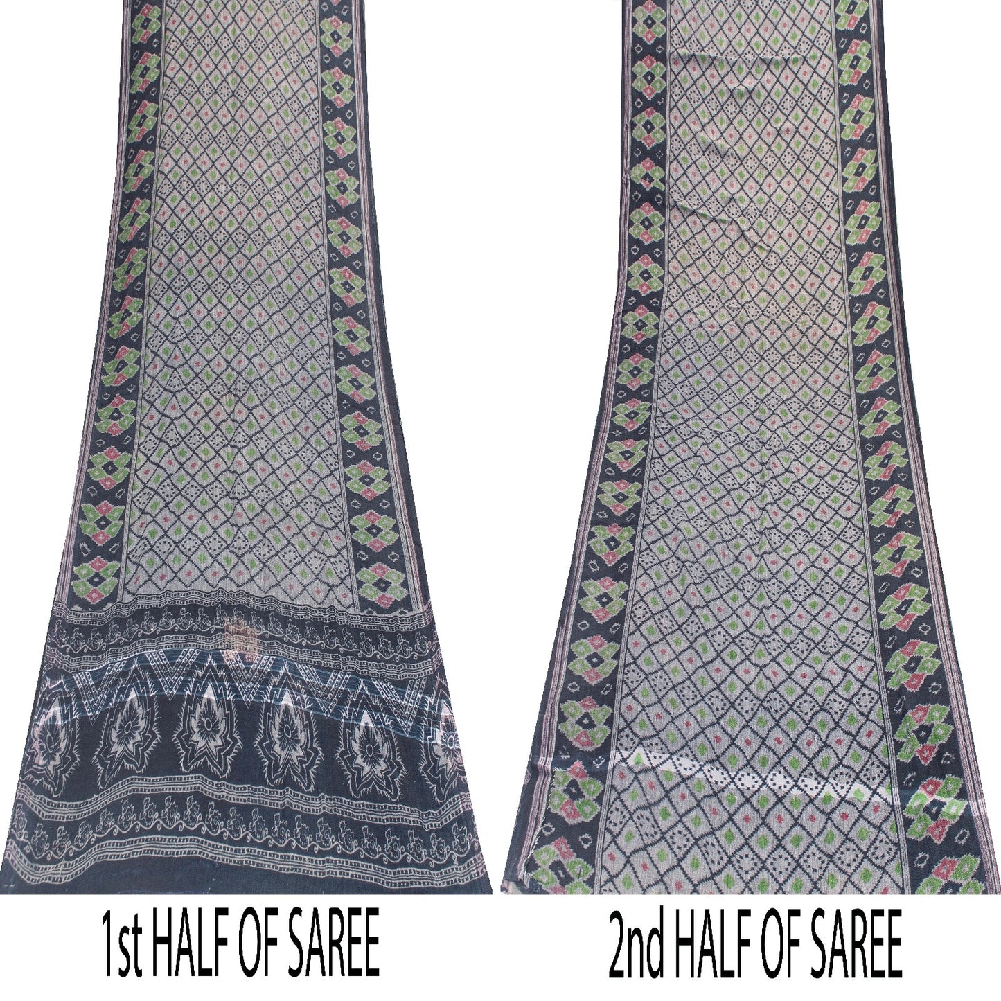 Sanskriti Vintage Sarees Gray & Black Pure Cotton Printed Sari 5+yd Craft Fabric