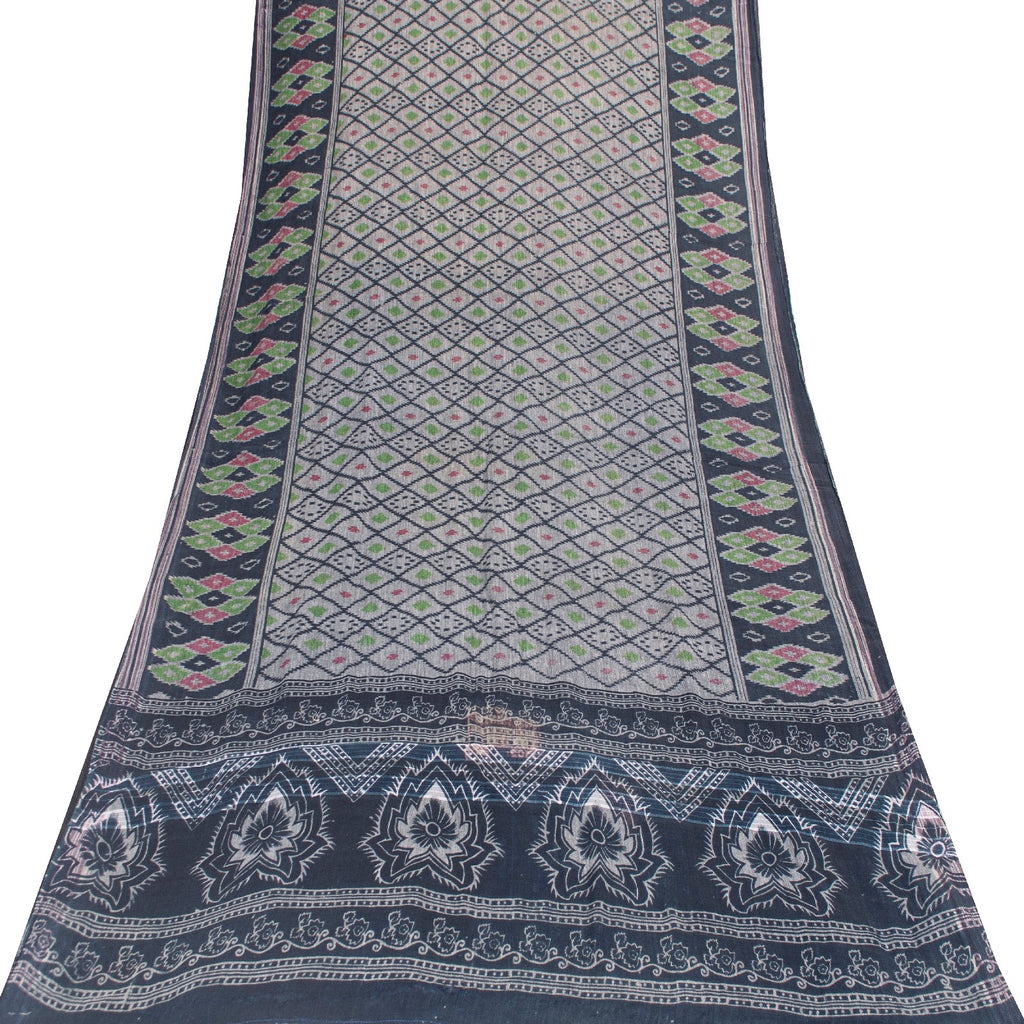Sanskriti Vintage Sarees Gray & Black Pure Cotton Printed Sari 5+yd Craft Fabric