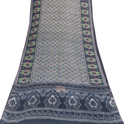 Sanskriti Vintage Sarees Gray & Black Pure Cotton Printed Sari 5+yd Craft Fabric