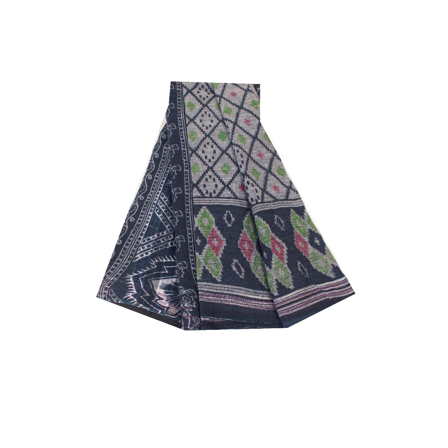 Sanskriti Vintage Sarees Gray & Black Pure Cotton Printed Sari 5+yd Craft Fabric