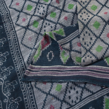 Sanskriti Vintage Sarees Gray & Black Pure Cotton Printed Sari 5+yd Craft Fabric