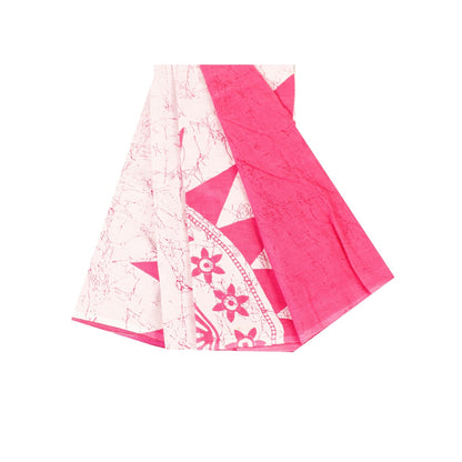 Sanskriti Vintage Sarees White & Pink Pure Cotton Batik Print Sari 6+yd Fabric