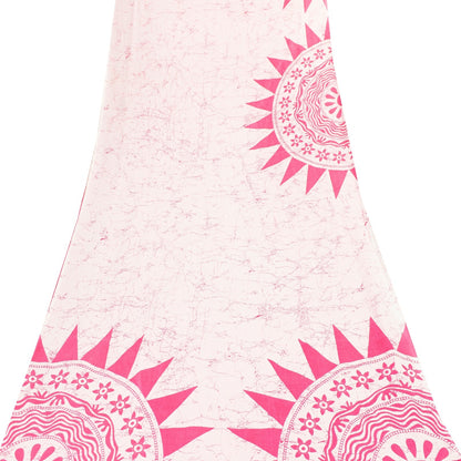 Sanskriti Vintage Sarees White & Pink Pure Cotton Batik Print Sari 6+yd Fabric
