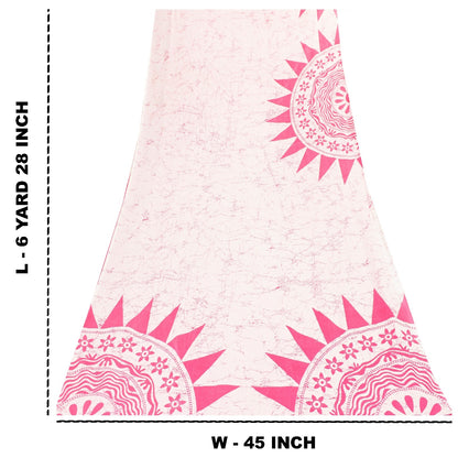 Sanskriti Vintage Sarees White & Pink Pure Cotton Batik Print Sari 6+yd Fabric