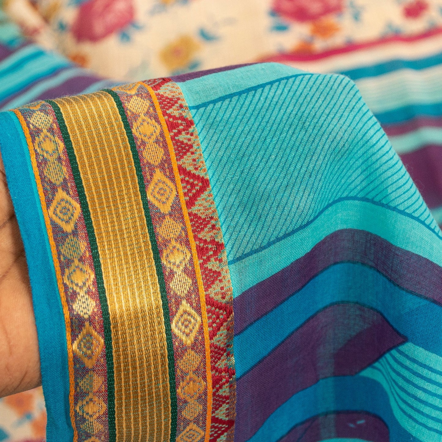 Sanskriti Vintage Sarees Ivory Pure Cotton Floral Printed Sari 5+yd Craft Fabric