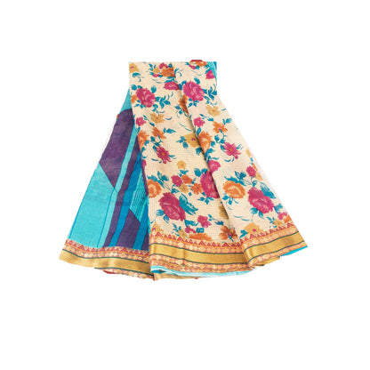 Sanskriti Vintage Sarees Ivory Pure Cotton Floral Printed Sari 5+yd Craft Fabric