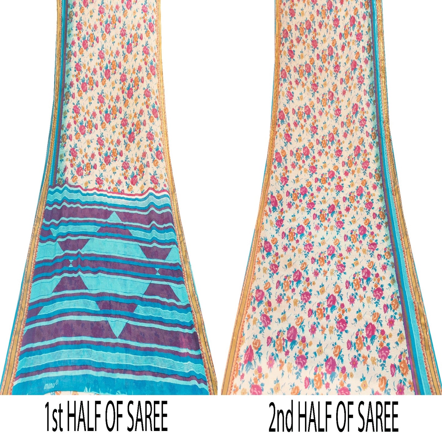 Sanskriti Vintage Sarees Ivory Pure Cotton Floral Printed Sari 5+yd Craft Fabric