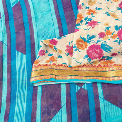 Sanskriti Vintage Sarees Ivory Pure Cotton Floral Printed Sari 5+yd Craft Fabric