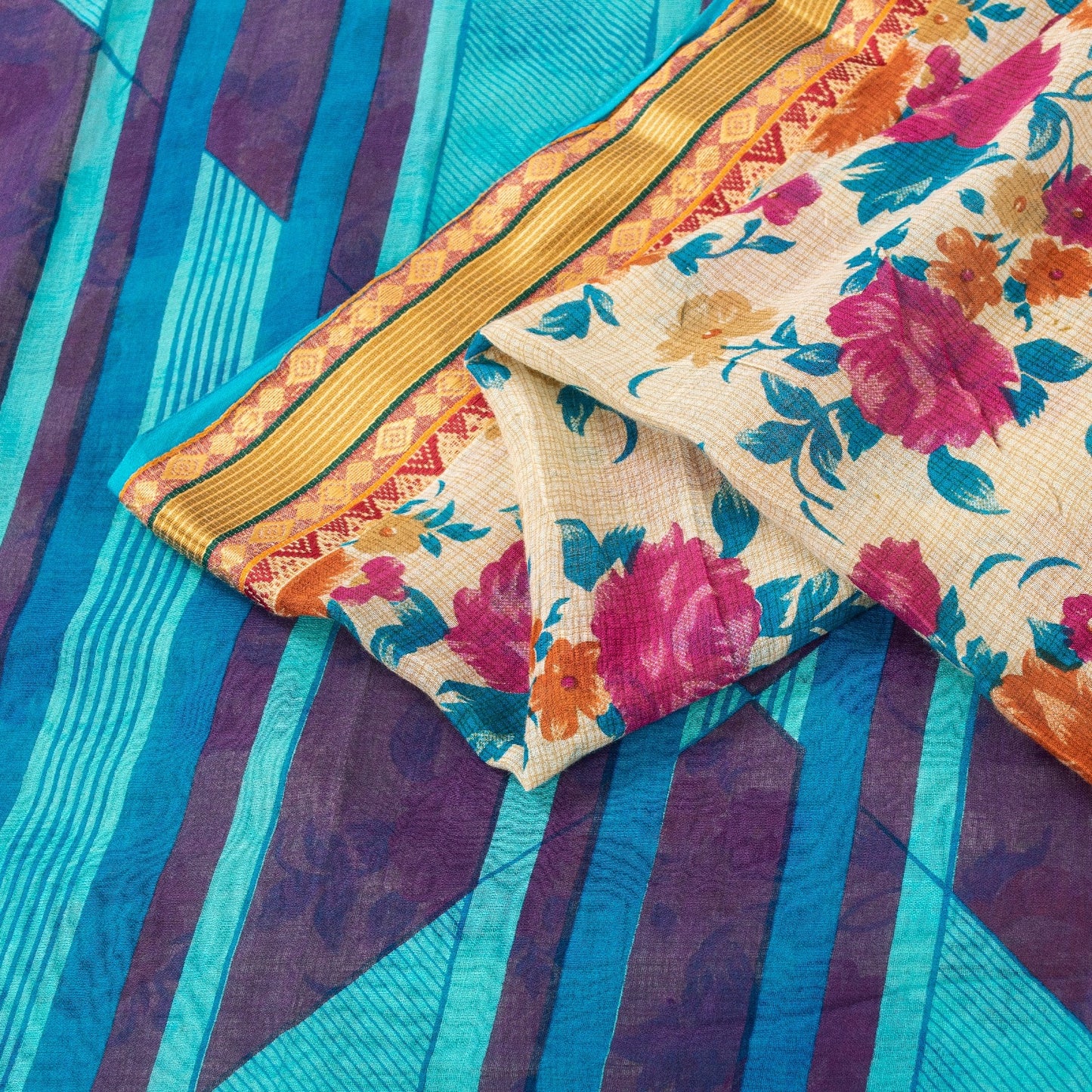 Sanskriti Vintage Sarees Ivory Pure Cotton Floral Printed Sari 5+yd Craft Fabric