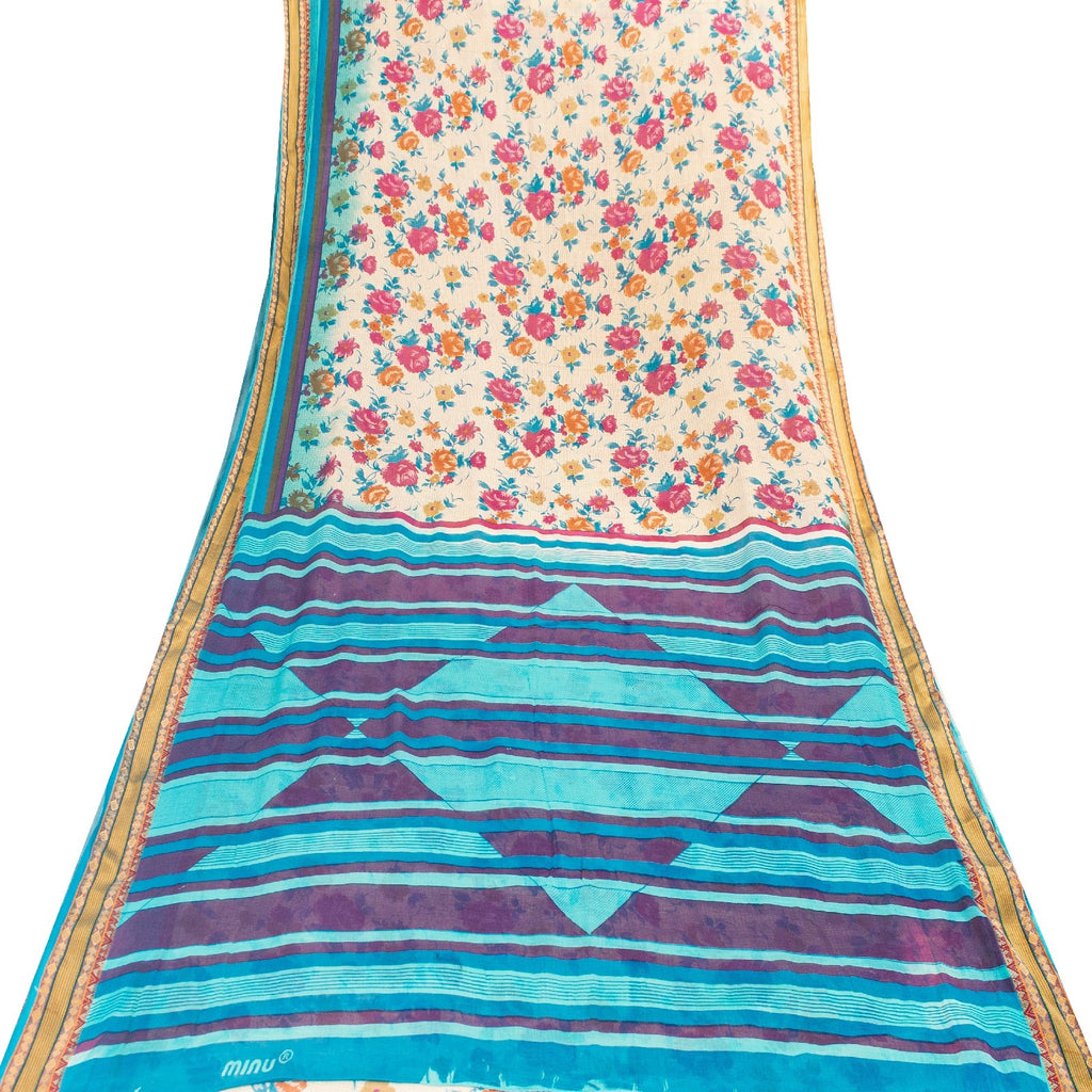 Sanskriti Vintage Sarees Ivory Pure Cotton Floral Printed Sari 5+yd Craft Fabric