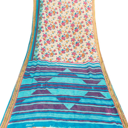 Sanskriti Vintage Sarees Ivory Pure Cotton Floral Printed Sari 5+yd Craft Fabric