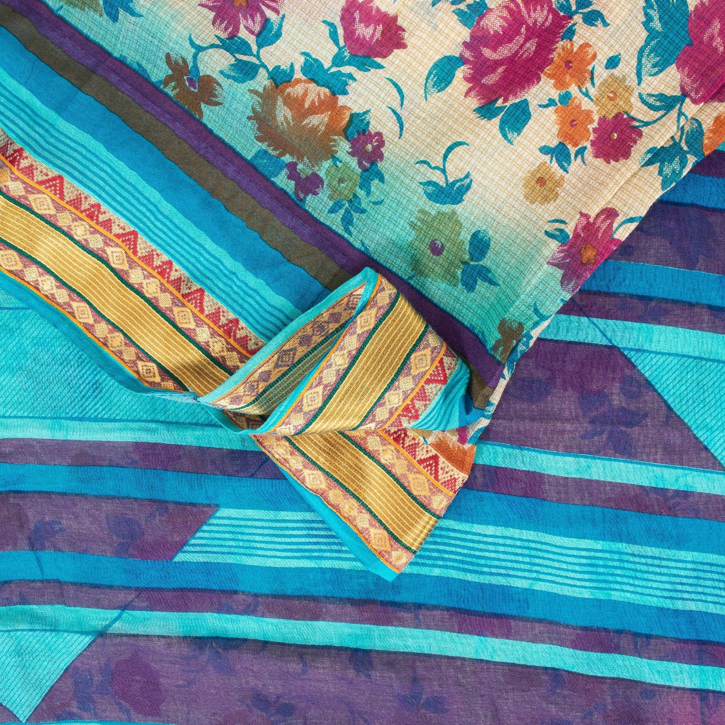 Sanskriti Vintage Sarees Ivory Pure Cotton Floral Printed Sari 5+yd Craft Fabric