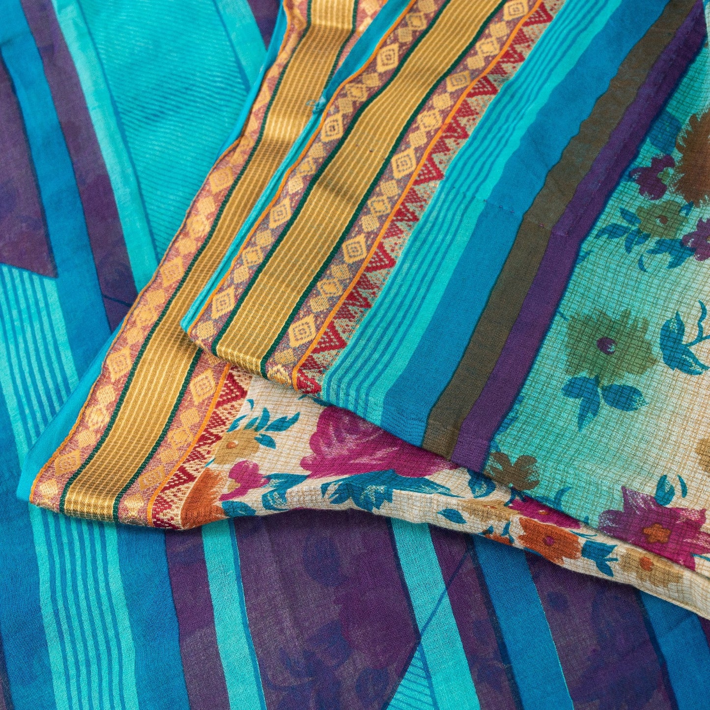 Sanskriti Vintage Sarees Ivory Pure Cotton Floral Printed Sari 5+yd Craft Fabric