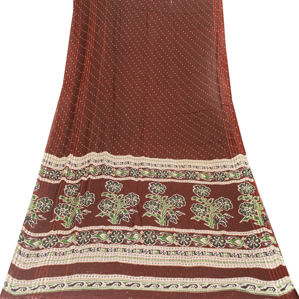 Sanskriti Vintage Sarees Brown 100% Pure Cotton Printed Sari 5+yd Craft Fabric