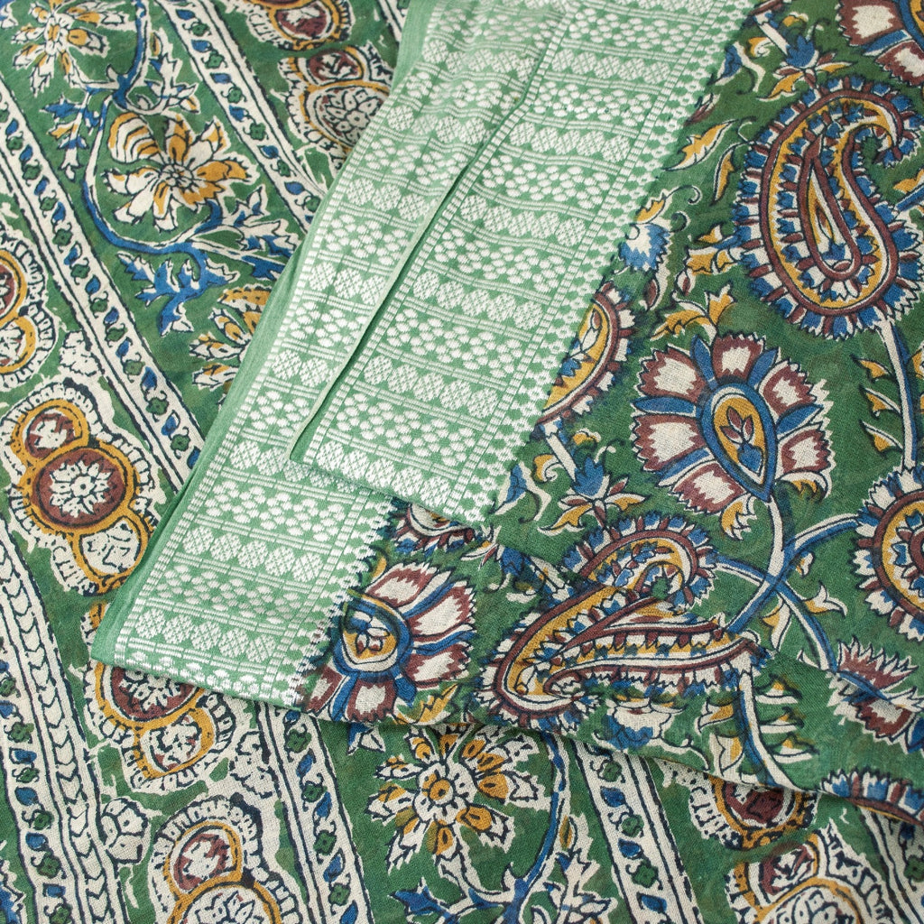 Sanskriti Vintage Sarees Green Pure Cotton Hand Block Kalamkari Print 5+yd Sari