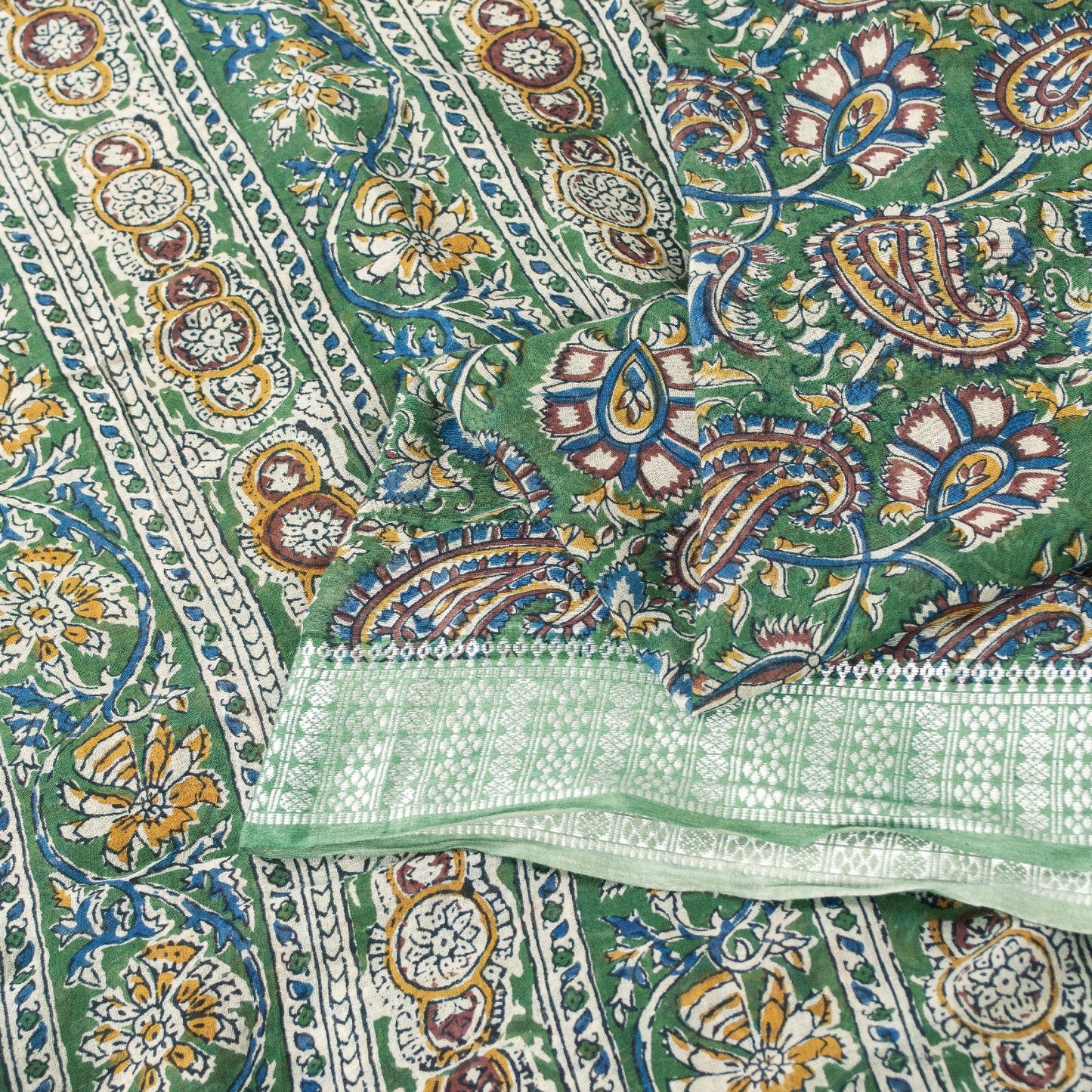 Sanskriti Vintage Sarees Green Pure Cotton Hand Block Kalamkari Print 5+yd Sari