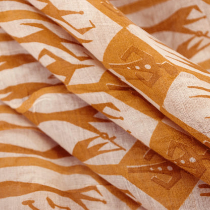 Sanskriti Vintage Sarees White & Saffron Pure Cotton HumanPrint Sari 5+yd Fabric