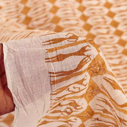 Sanskriti Vintage Sarees White & Saffron Pure Cotton HumanPrint Sari 5+yd Fabric