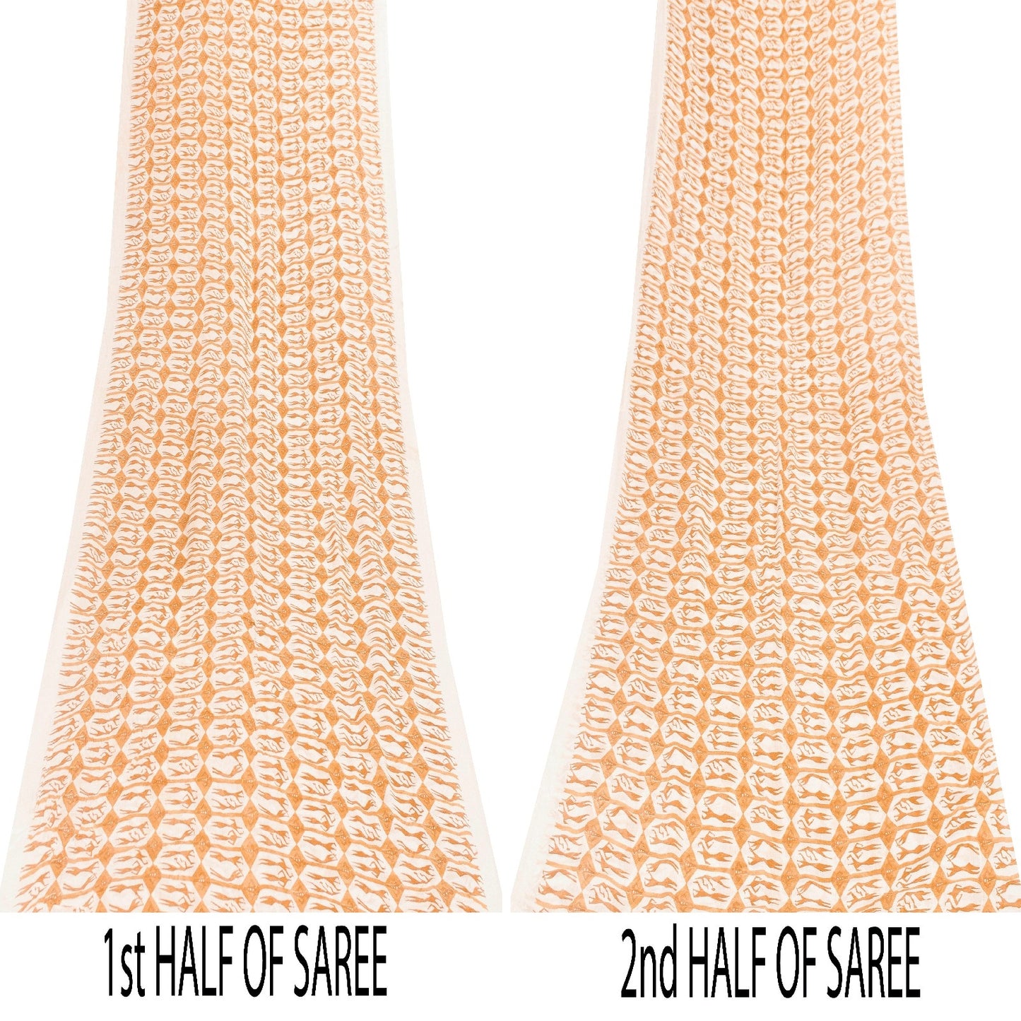 Sanskriti Vintage Sarees White & Saffron Pure Cotton HumanPrint Sari 5+yd Fabric