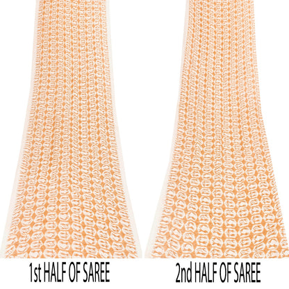 Sanskriti Vintage Sarees White & Saffron Pure Cotton HumanPrint Sari 5+yd Fabric