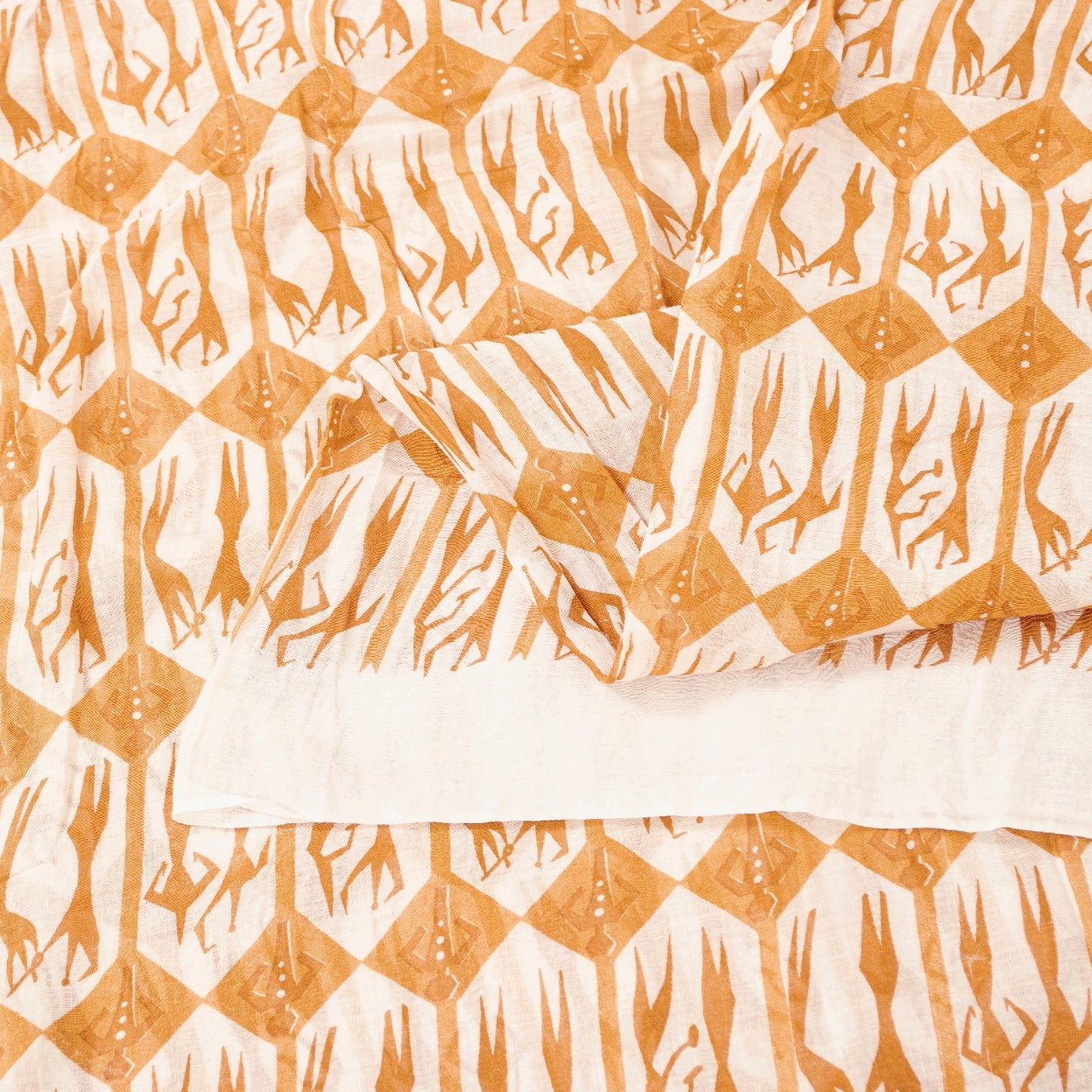 Sanskriti Vintage Sarees White & Saffron Pure Cotton HumanPrint Sari 5+yd Fabric