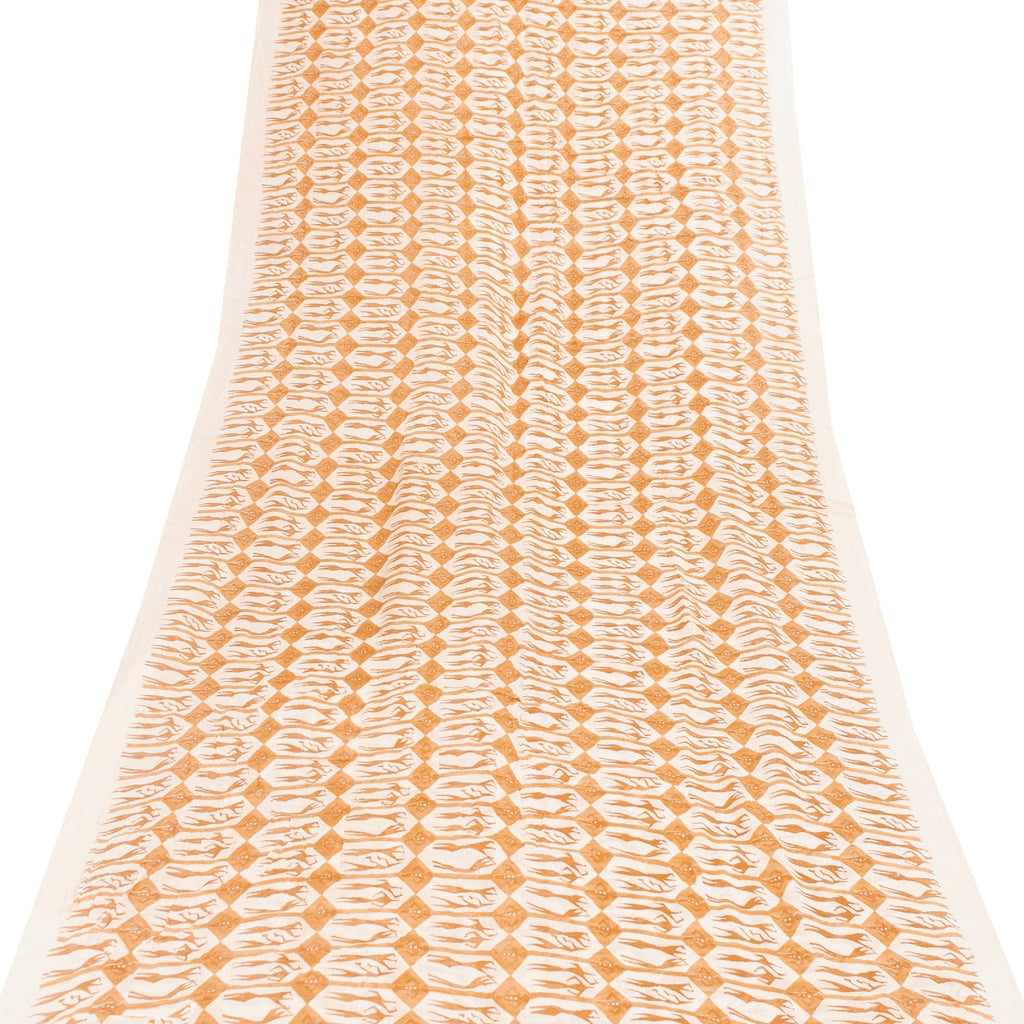 Sanskriti Vintage Sarees White & Saffron Pure Cotton HumanPrint Sari 5+yd Fabric