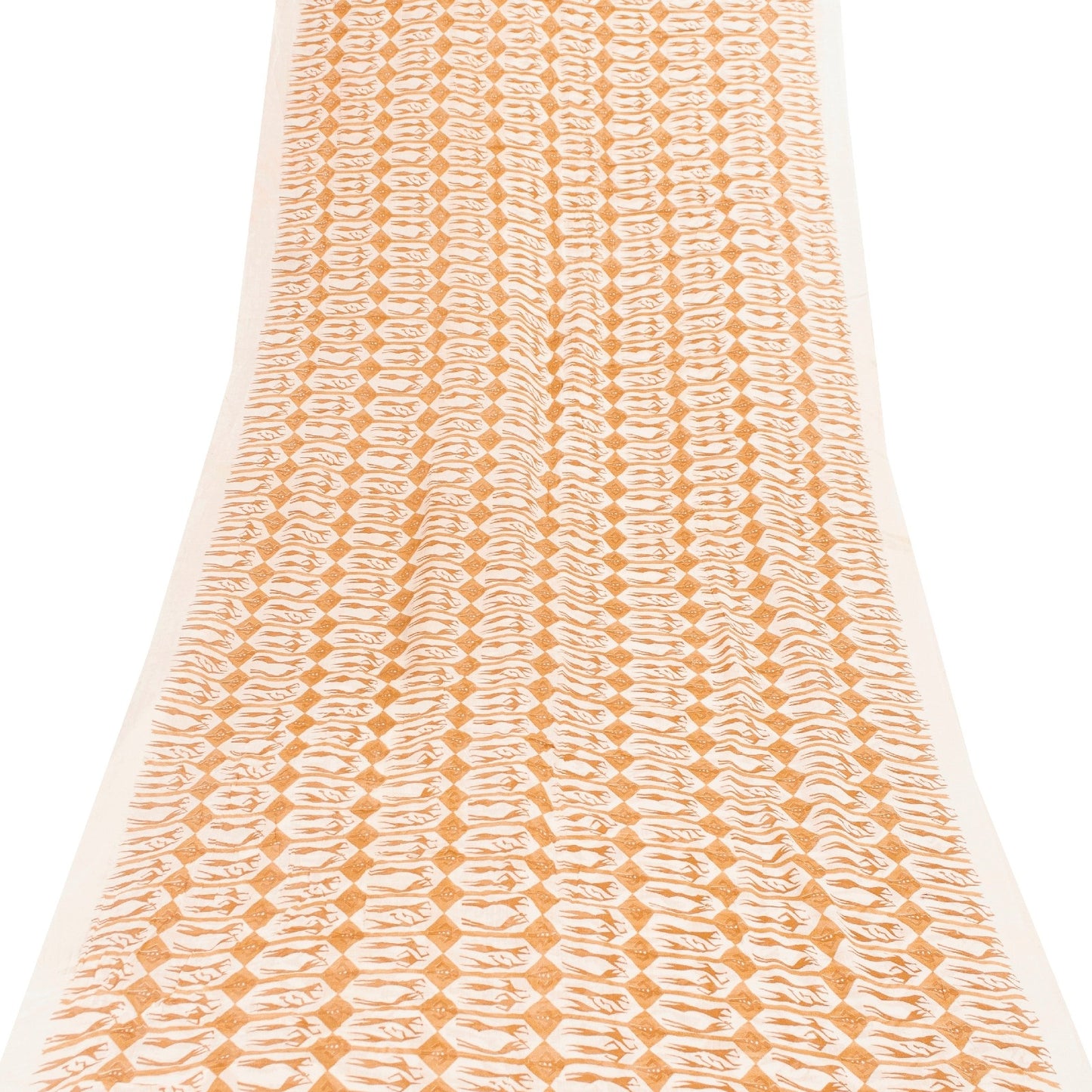 Sanskriti Vintage Sarees White & Saffron Pure Cotton HumanPrint Sari 5+yd Fabric