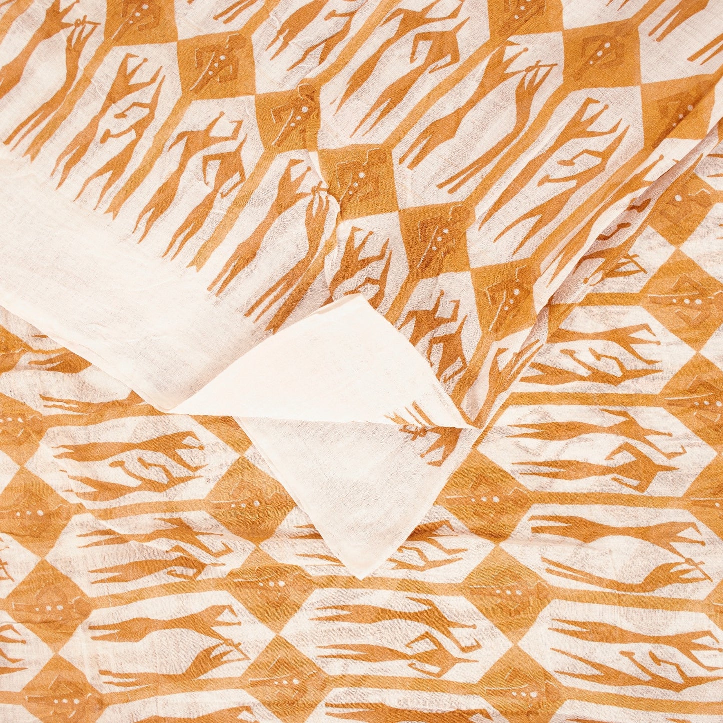 Sanskriti Vintage Sarees White & Saffron Pure Cotton HumanPrint Sari 5+yd Fabric