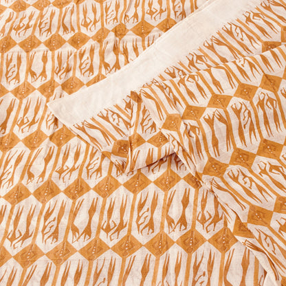 Sanskriti Vintage Sarees White & Saffron Pure Cotton HumanPrint Sari 5+yd Fabric