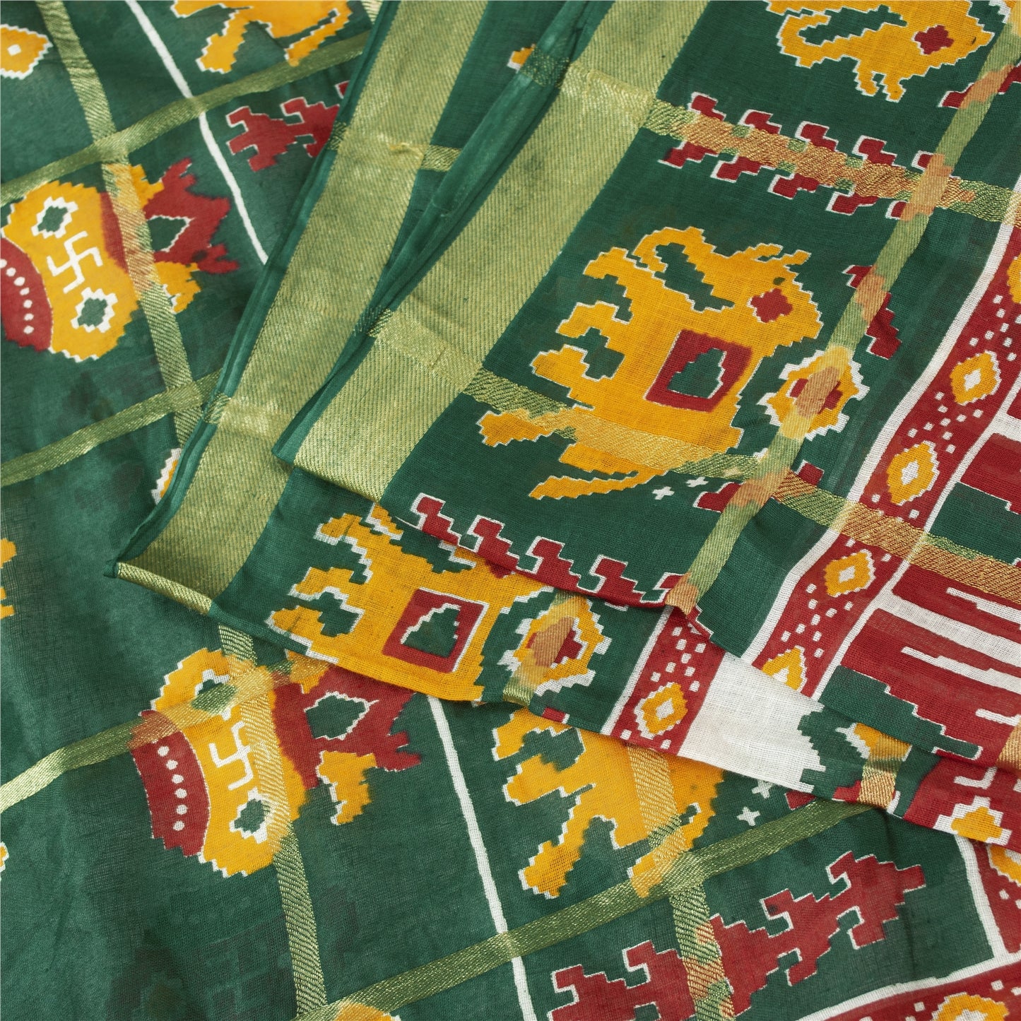 Sanskriti Vintage Sarees White & Green Pure Cotton Patan Patola Sari 5+yd Fabric