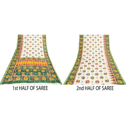 Sanskriti Vintage Sarees White & Green Pure Cotton Patan Patola Sari 5+yd Fabric