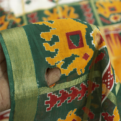 Sanskriti Vintage Sarees White & Green Pure Cotton Patan Patola Sari 5+yd Fabric