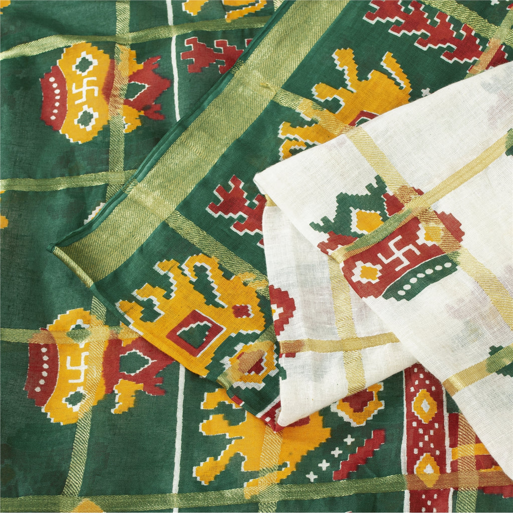 Sanskriti Vintage Sarees White & Green Pure Cotton Patan Patola Sari 5+yd Fabric
