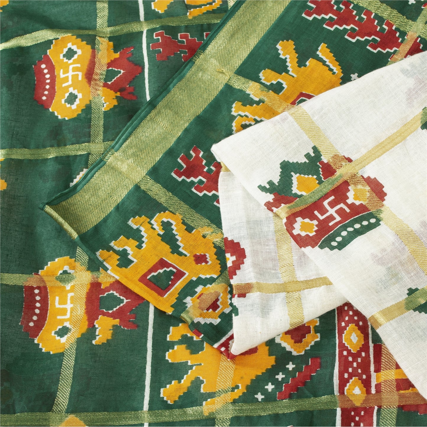 Sanskriti Vintage Sarees White & Green Pure Cotton Patan Patola Sari 5+yd Fabric