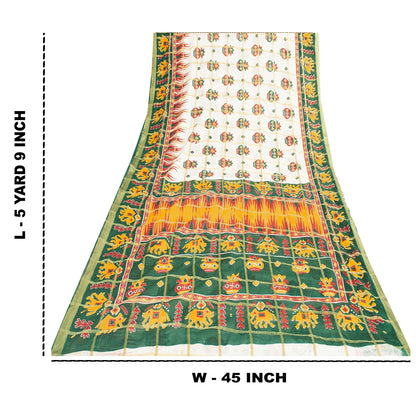 Sanskriti Vintage Sarees White & Green Pure Cotton Patan Patola Sari 5+yd Fabric