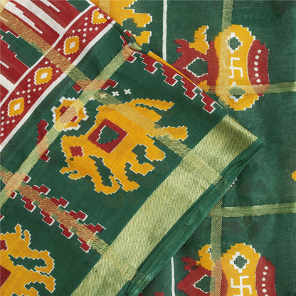 Sanskriti Vintage Sarees White & Green Pure Cotton Patan Patola Sari 5+yd Fabric